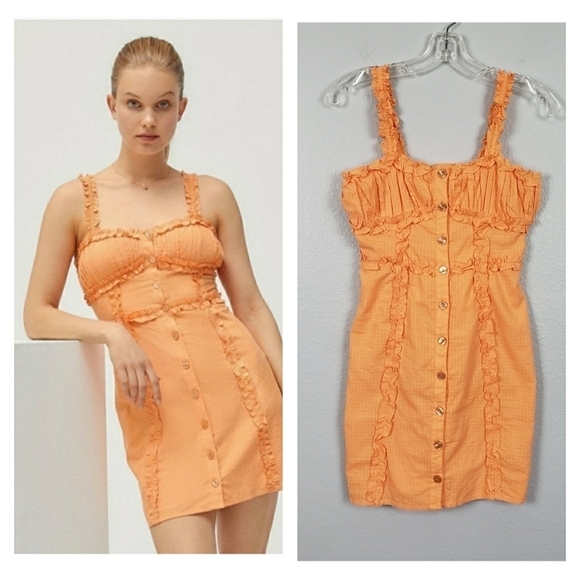 URBAN OUTFITTERS Luxe Dreams Button Front Ruffle Mini Dress Orange Sz XS - Picture 1 of 8